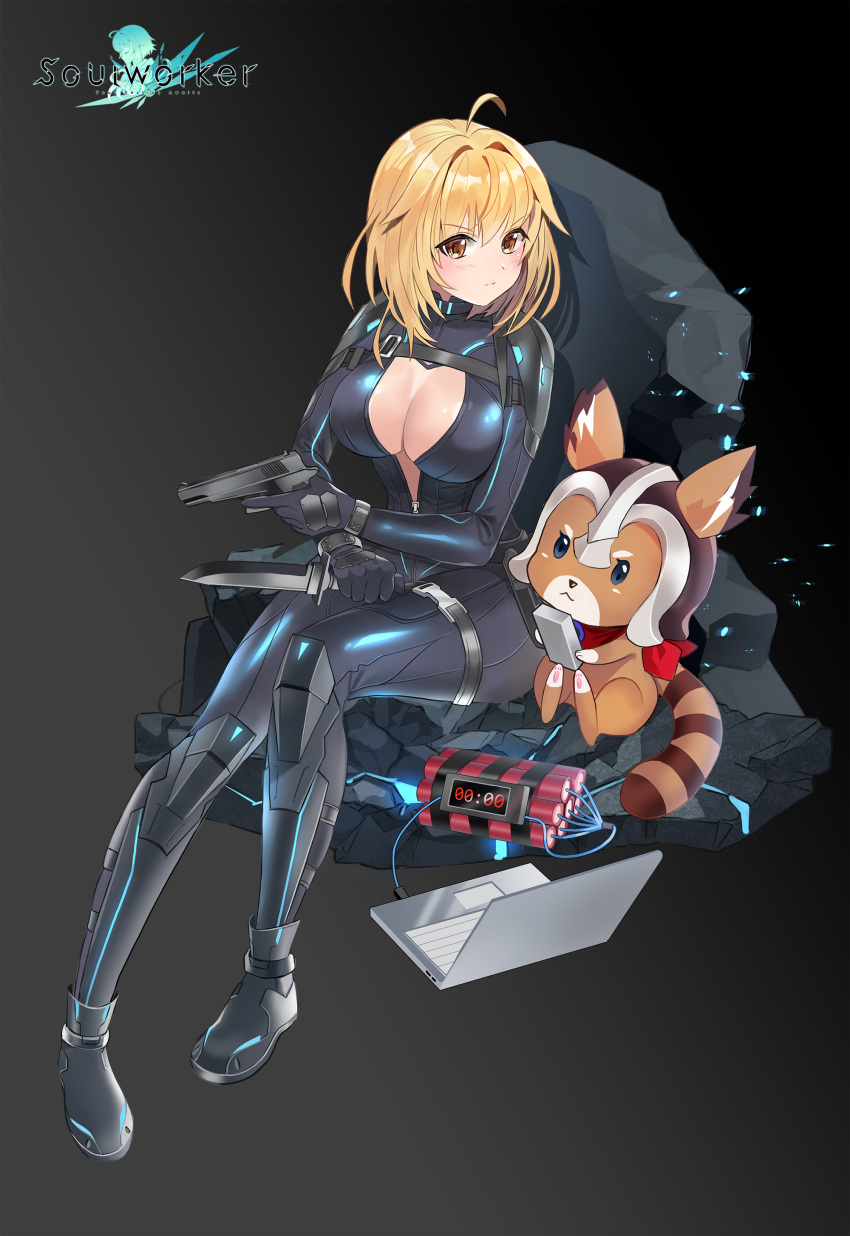 1girl absurdres ahoge animal armored_boots artist_request blonde_hair boots breasts catsuit cleavage combat_knife computer dual_wielding dynamite gun handgun haru_estia highres holding holding_gun holding_weapon knee_boots knife laptop large_breasts leg_belt looking_at_viewer no_bra official_art open_clothes orange_eyes partially_unzipped pistol raccoon reverse_grip short_hair sitting solo soul_worker time_bomb weapon