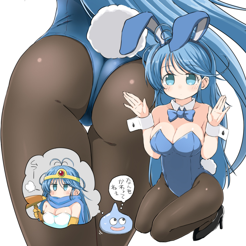1girl animal_ears ass black_footwear blue_hair blue_leotard blue_tabard blush bow bowtie breasts brown_legwear bunny_ears bunny_girl bunny_tail bunnysuit cape circlet cleavage covered_navel detached_collar dragon_quest dragon_quest_iii elbow_gloves eyebrows_visible_through_hair fake_animal_ears fake_tail gloves high_heels highres leotard long_hair mtu_virus multiple_views naitou_kouse pantyhose parody sage_(dq3) slime_(dragon_quest) smile squatting staff strapless strapless_leotard style_parody tail yellow_gloves