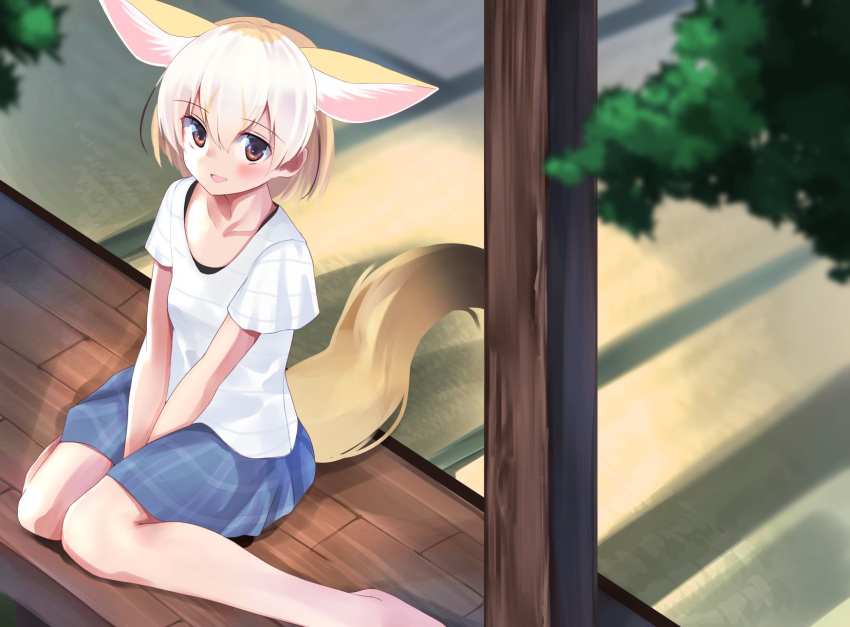 1girl alternate_costume animal_ears bare_legs barefoot between_legs blonde_hair blue_skirt casual commentary extra_ears eyebrows_visible_through_hair fennec_(kemono_friends) fox_ears fox_girl fox_tail hand_between_legs highres kemono_friends kinou_no_shika looking_at_viewer multicolored_hair plaid plaid_skirt pleated_skirt shirt short_hair short_sleeves sitting skirt solo striped striped_shirt symbol_commentary t-shirt tail v-neck wariza white_hair white_shirt