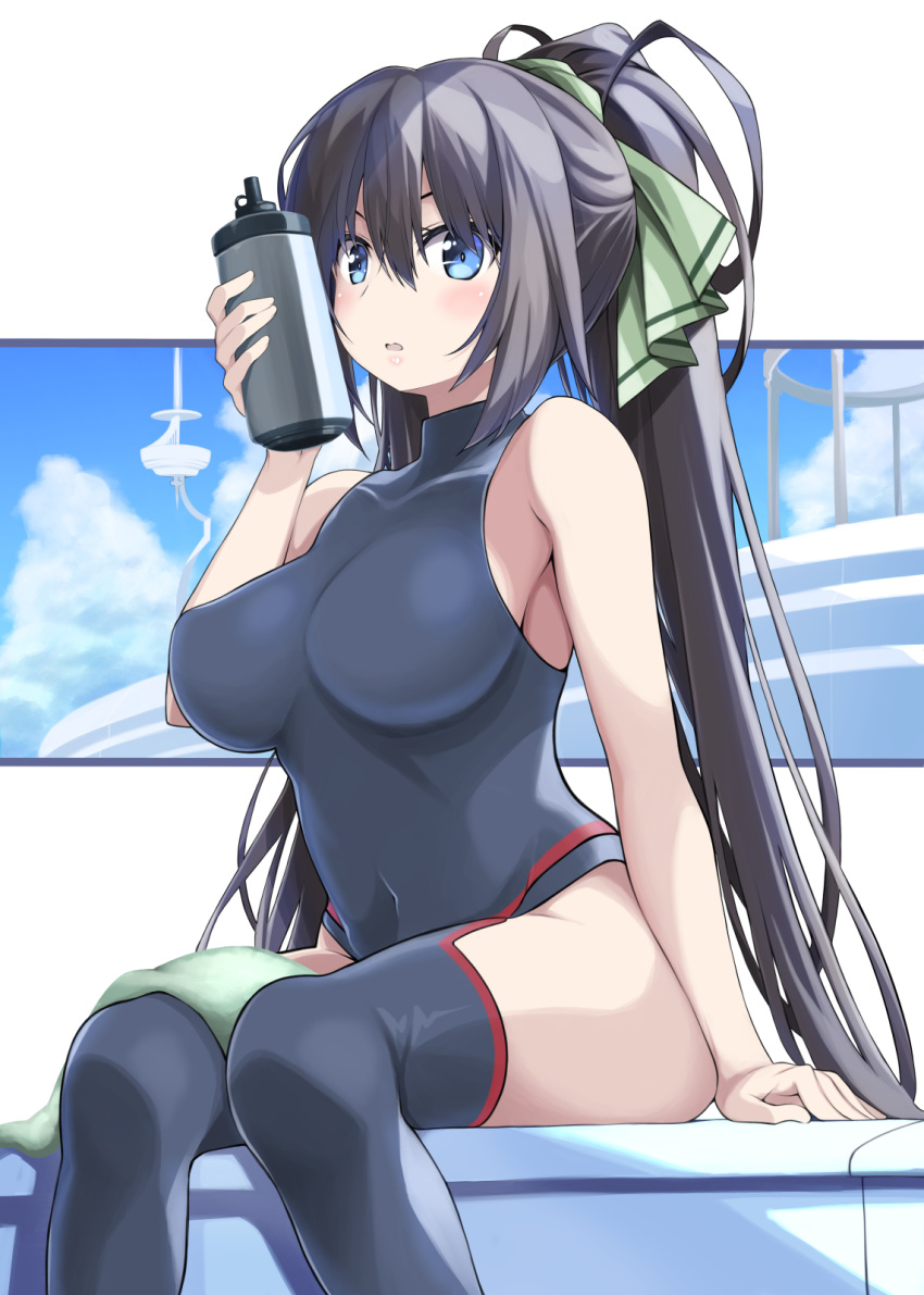 1girl bare_shoulders big_wednesday black_hair black_legwear black_leotard blue_eyes blue_sky bottle bow breasts cloud covered_navel green_bow hair_ribbon high_ponytail highres infinite_stratos large_breasts leotard long_hair looking_at_viewer pilot_suit ponytail ribbon shinonono_houki shiny shiny_hair sitting sky solo split_ponytail thighhighs water_bottle