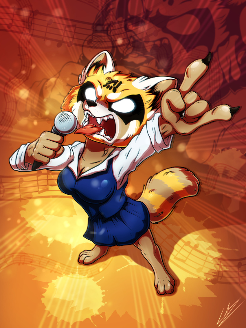 2020 3:4 absurd_res aggressive_retsuko ailurid anthro clothing female fur glowing glowing_eyes hi_res lupiarts mammal microphone musical_note open_mouth red_panda retsuko sanrio screaming solo striped_tail stripes tongue tongue_out white_eyes