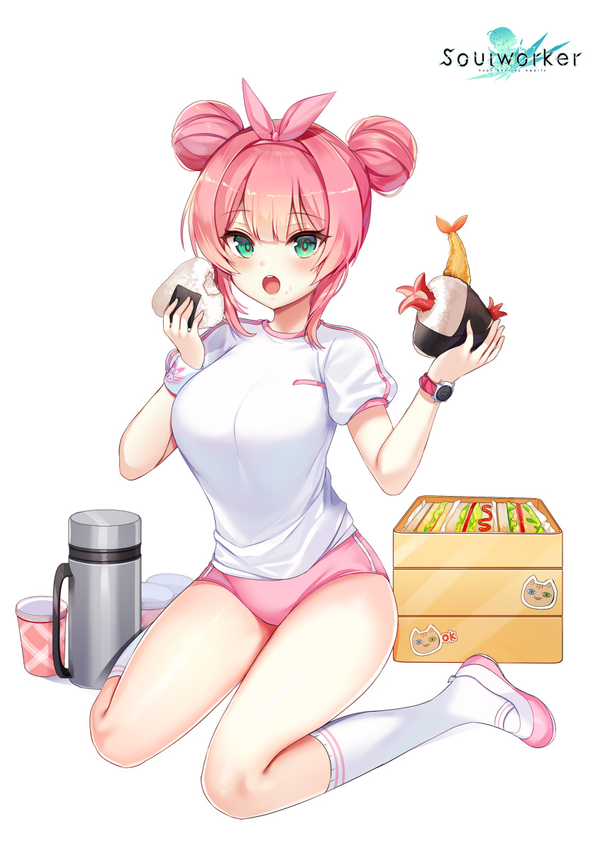 1girl :o absurdres aqua_eyes bottle breasts buruma chii_aruel cup double_bun food food_on_face gradient_hair gym_uniform hair_ribbon hands_up highres holding holding_food kneehighs large_breasts long_hair looking_at_viewer maett multicolored_hair obentou official_art onigiri open_mouth pink_buruma pink_hair ribbon shirt shoes short_sleeves sitting solo soul_worker sweatband thighs uwabaki wariza watch white_background white_footwear white_legwear white_shirt wristwatch