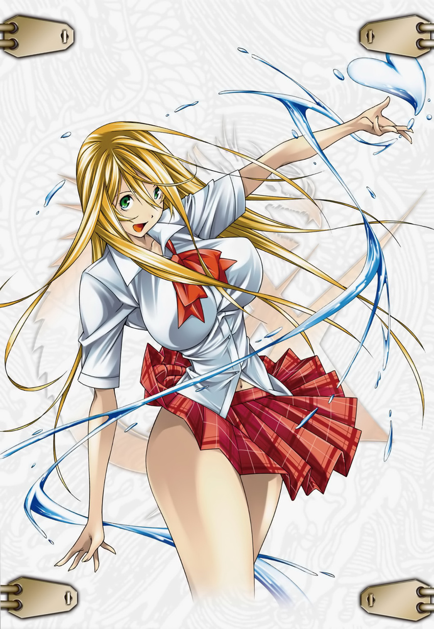 :d blonde_hair bow bowtie breasts dragon green_eyes highres ikkitousen ikkitousen_xtreme_xecutor impossible_clothes impossible_shirt large_breasts long_hair navel official_art open_mouth outstretched_hand plaid plaid_skirt pleated_skirt red_skirt scan school_uniform serafuku shiozaki_yuji shirt skirt skirt_lift smile solo sonsaku_hakufu standing thighs very_long_hair water wind wind_lift