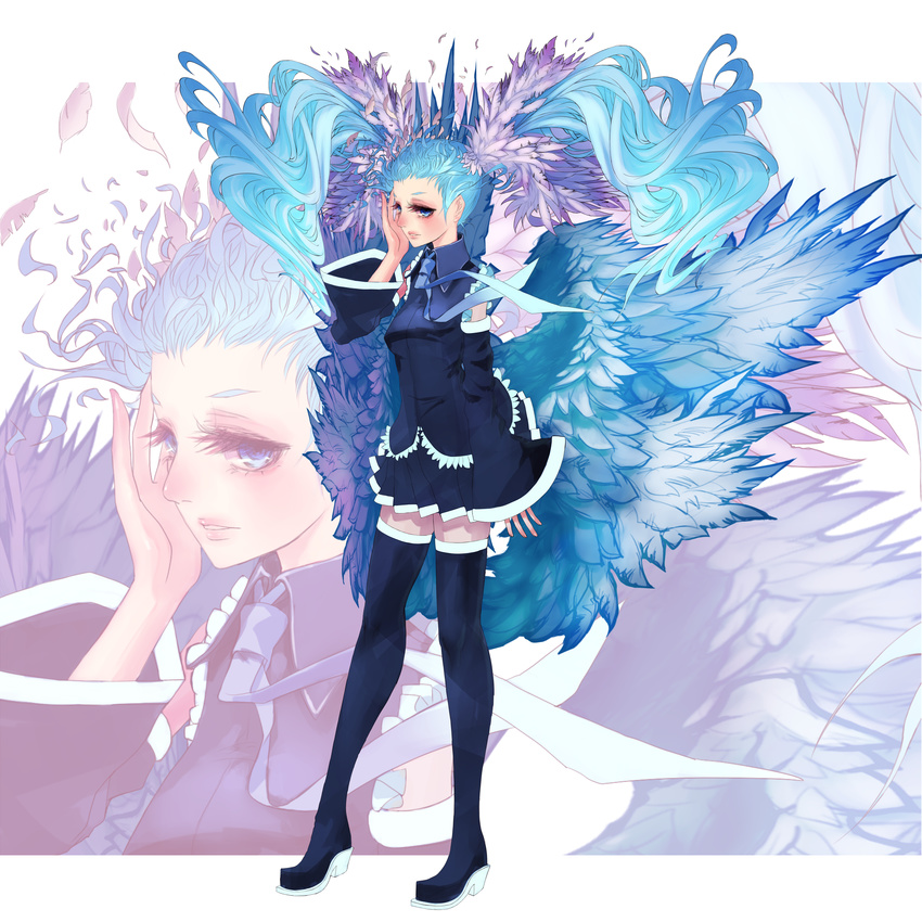 absurdres aqua_eyes aqua_hair bad_id bad_pixiv_id detached_sleeves feathers hair_ornament hatsune_miku highres kansou_samehada legs lips long_hair necktie skirt solo thighhighs twintails vocaloid wings