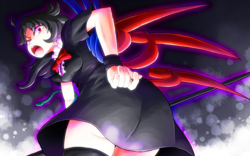 aono3 ass asymmetrical_wings bent_over black_hair black_legwear houjuu_nue red_eyes short_hair solo thighhighs touhou wings zettai_ryouiki