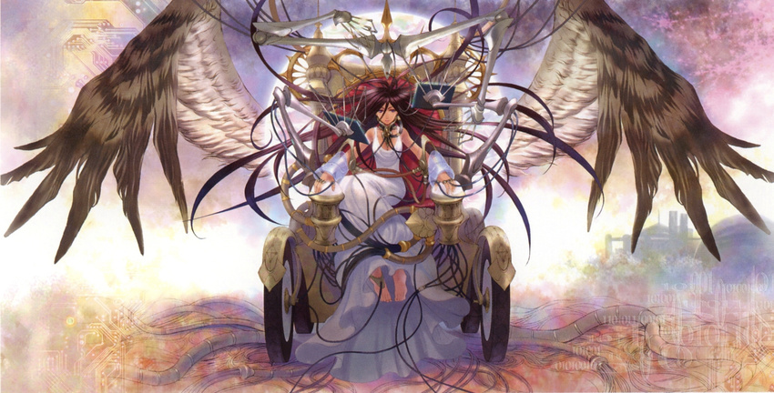 amazio_komeko ambience bare_shoulders barefoot binary black_wings breasts cable chariot circuit_board cleavage collar detached_sleeves dress feathered_wings full_body full_moon halo highres long_hair looking_at_viewer machinery mechanical_arms medium_breasts moon non-web_source screen short_sleeves sitting sleeveless sleeveless_dress solo throne very_long_hair white_dress wings