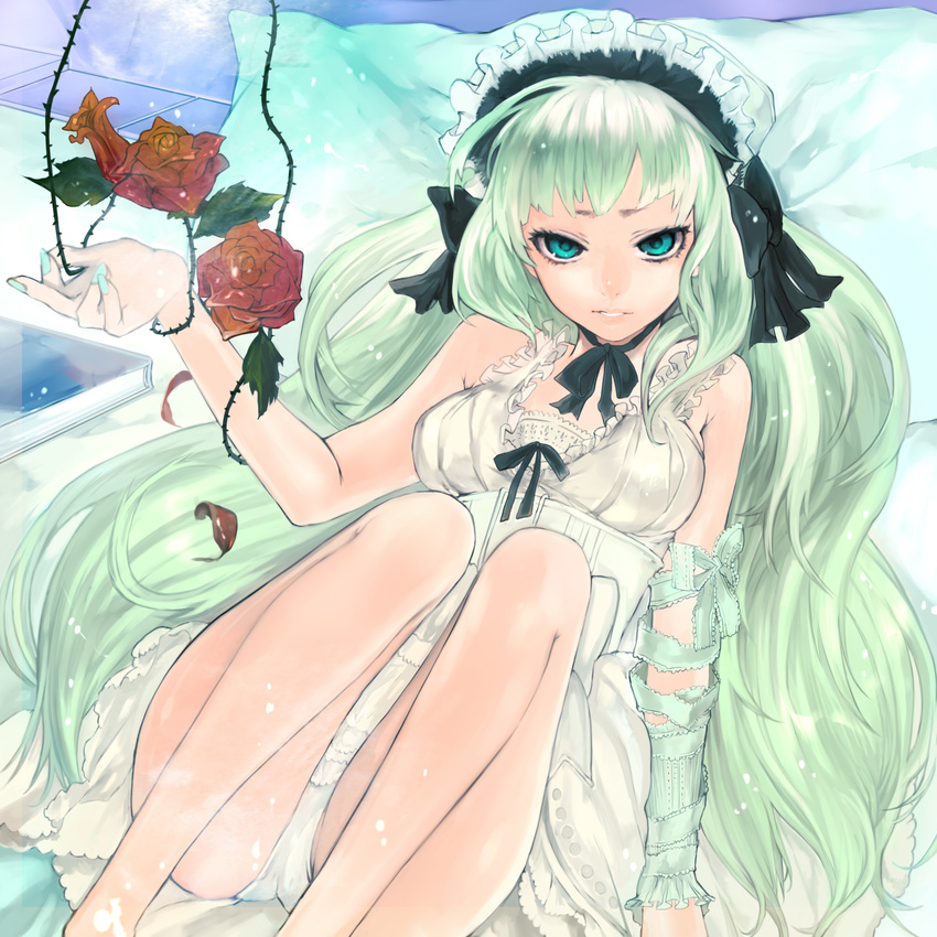 aqua_eyes aqua_nails arm_ribbon bad_id bad_pixiv_id bare_legs bare_shoulders bonnet breasts choker clair_vaux_bernardus dress fingernails flower frills green_eyes green_hair hairband hands highres legs lolita_hairband long_hair looking_at_viewer medium_breasts nail_polish panties red_flower red_rose ribbon ribbon_choker rose solo tcb thorns tsurime umineko_no_naku_koro_ni underwear