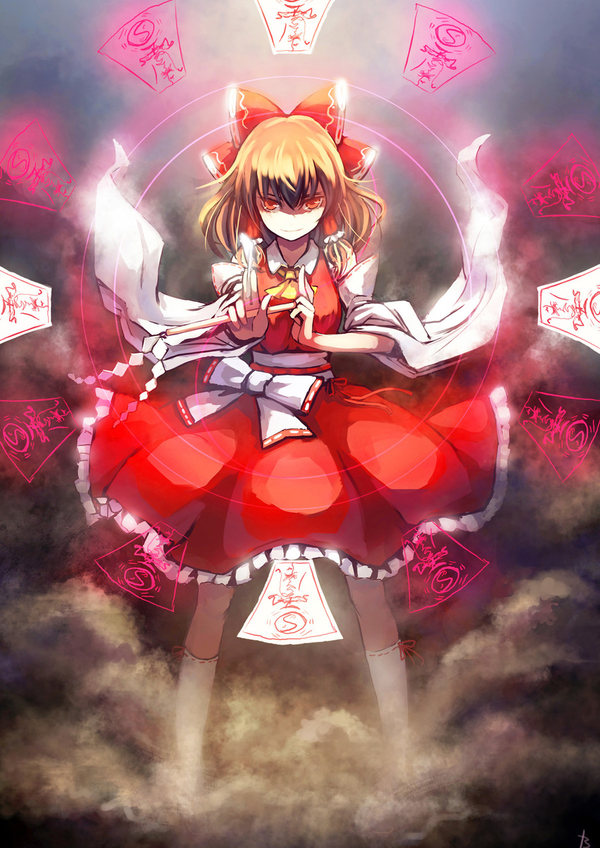 ascot bow brown_hair bryanth detached_sleeves fighting_stance fingers gohei hair_bow hakurei_reimu hands highres magic_circle ofuda red_eyes shaded_face short_hair smirk solo touhou wide_sleeves