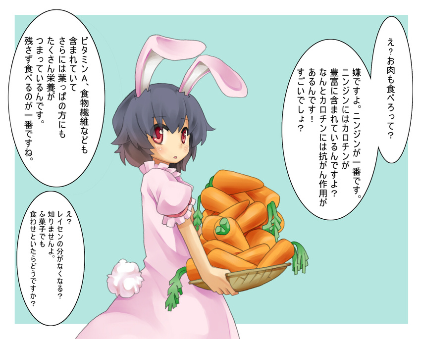 animal_ears basket black_hair bunny_ears bunny_tail carrot carrying check_translation inaba_tewi niji_sugi red_eyes short_hair solo tail touhou translated translation_request