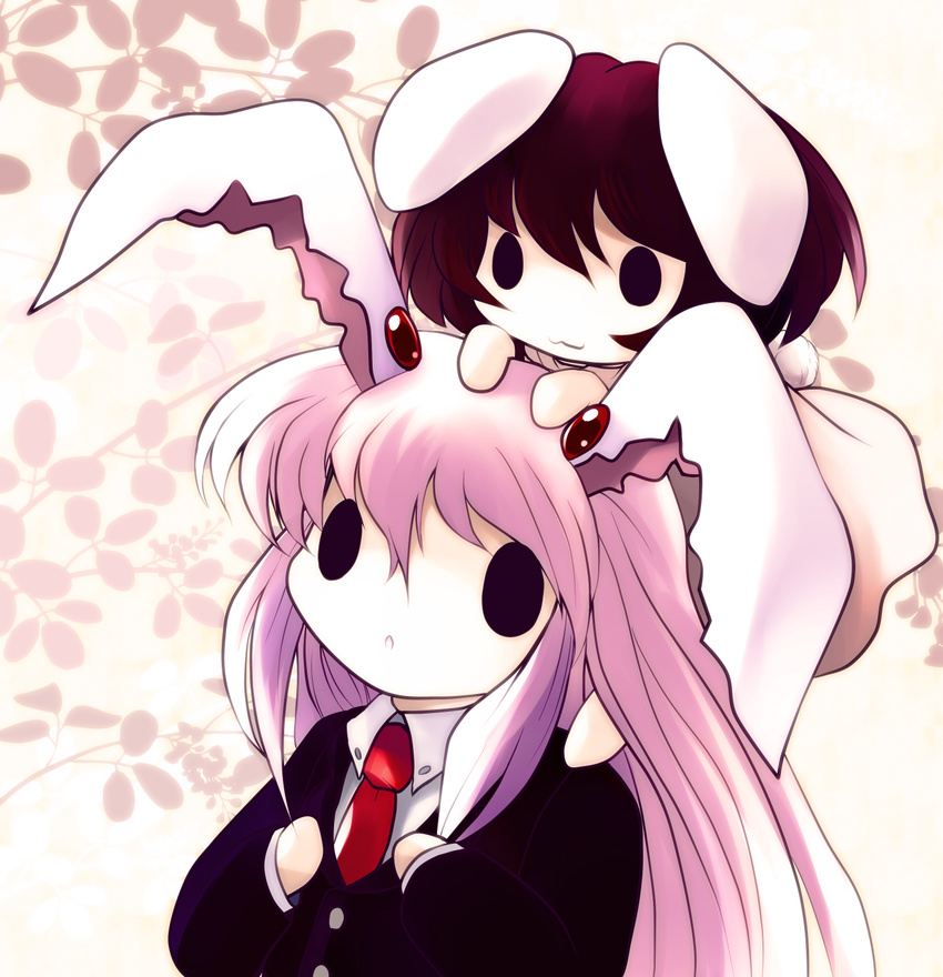 :3 animal_ears blazer brown_hair bunny_ears carrying chibi highres inaba_tewi jacket long_hair multiple_girls necktie pink_hair red_neckwear reisen_udongein_inaba short_hair shoulder_carry solid_oval_eyes touhou yume_shokunin