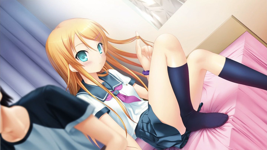 1girl aqua_eyes bed black_hair blonde_hair blush brother_and_sister dutch_angle hair_ornament hair_twirling hairclip kneehighs kousaka_kirino kousaka_kyousuke long_hair na-ga orange_hair ore_no_imouto_ga_konna_ni_kawaii_wake_ga_nai school_uniform serafuku siblings sitting skirt socks