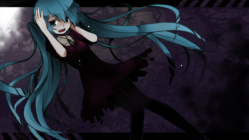 aqua_eyes aqua_hair dress hand_on_own_head hatsune_miku highres long_hair niboshi open_mouth pantyhose short_dress solo tears twintails very_long_hair vocaloid