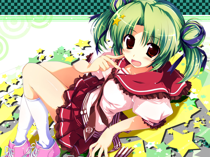 double_bun fang green_hair hair_ornament highres hoshizora_e_kakaru_hashi kneehighs open_mouth oshiki_hitoshi school_uniform serafuku shoes short_twintails sneakers socks solo star star_hair_ornament starry_background toudou_koyori twintails wallpaper white_legwear