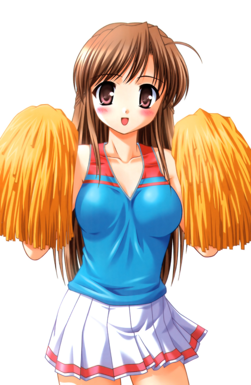 absurdres ahoge bekkankou blush brown_eyes brown_hair cheerleader fujieda_honami highres long_hair open_mouth pom_poms smile solo tsuki_wa_higashi_ni_hi_wa_nishi_ni