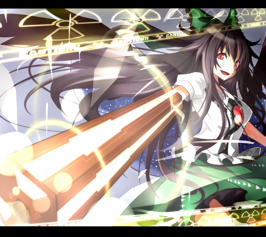arm_cannon bad_id bad_pixiv_id black_hair brown_hair cape highres itoo long_hair red_eyes reiuji_utsuho solo touhou weapon wings
