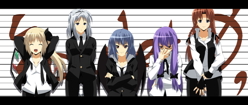 flandre_scarlet formal height_chart highres hong_meiling izayoi_sakuya lineup multiple_girls pant_suit patchouli_knowledge remilia_scarlet shin'ya_(nanp) suit touhou