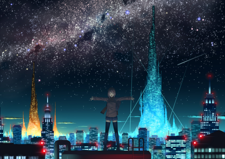 bag black_legwear brown_hair city cityscape highres izumi_sai landscape megastructure night open_mouth original outstretched_arms pleated_skirt scarf scenery school_uniform short_hair skirt sky solo spread_arms star_(sky) starry_sky thighhighs zettai_ryouiki