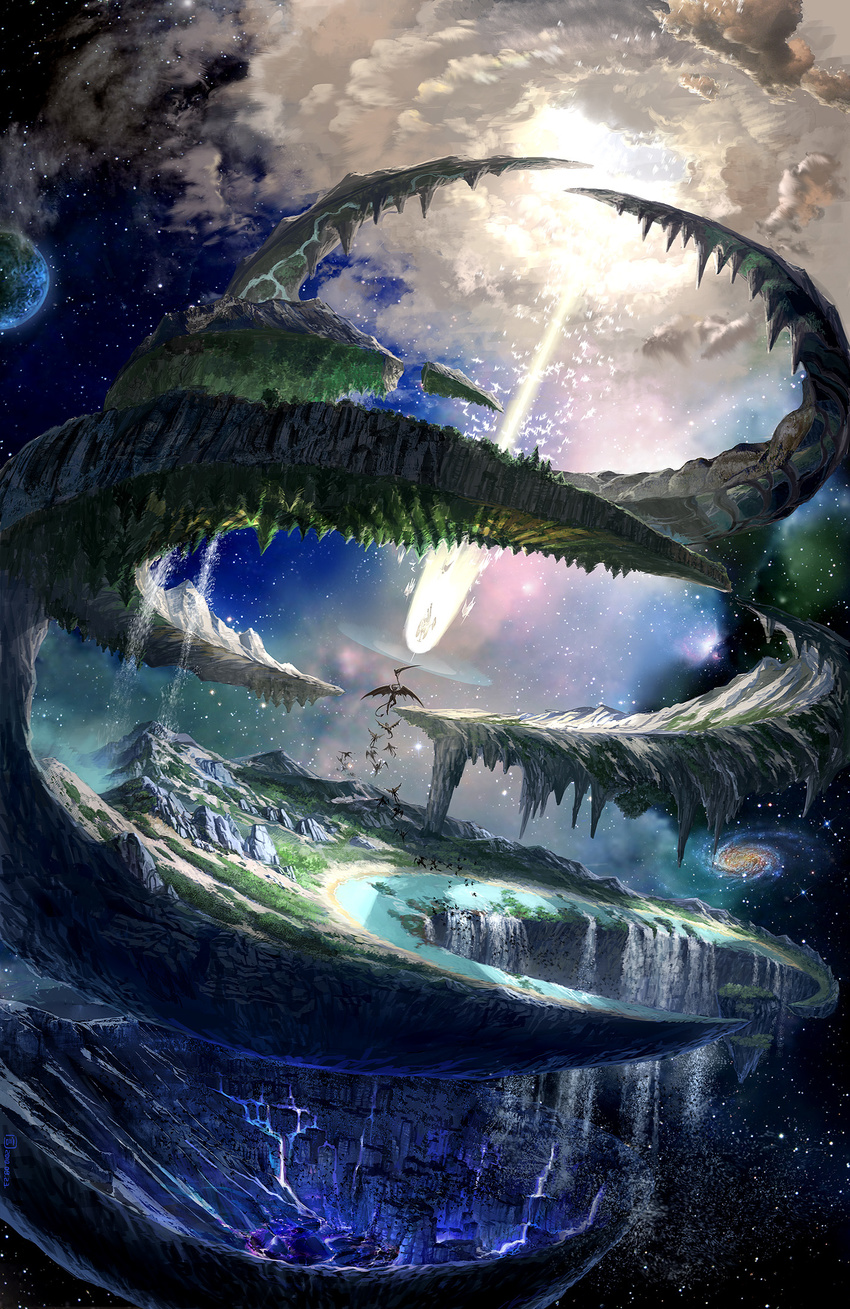 angel_and_devil cloud demon epic galaxy heaven hell highres landscape moon mugon nature no_humans original planet scenery scythe space war water waterfall wings