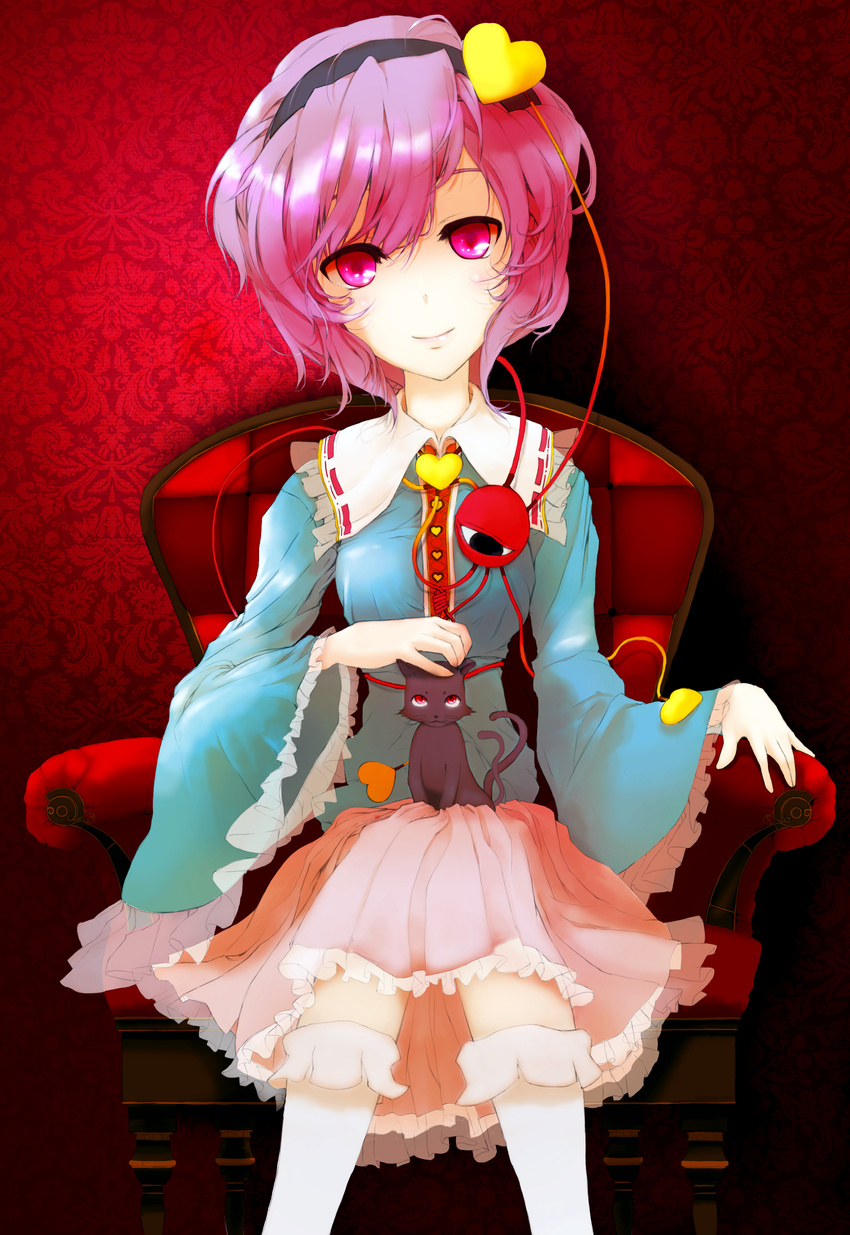 absurdres armchair bad_anatomy cat chair hairband head_tilt heart highres kaenbyou_rin kaenbyou_rin_(cat) komeiji_satori looking_at_viewer md5_mismatch mefix petting pink_eyes pink_hair sitting smile solo third_eye touhou