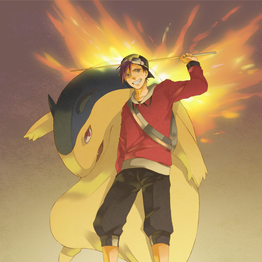 backwards_hat bad_id bad_pixiv_id baseball_cap black_hair cue_stick fang fire gen_2_pokemon goggles goggles_on_head gold_(pokemon) grin hat highres hood hoodie male_focus pokemon pokemon_(creature) pokemon_(game) pokemon_hgss pokemon_special red_eyes smile t-r-g typhlosion