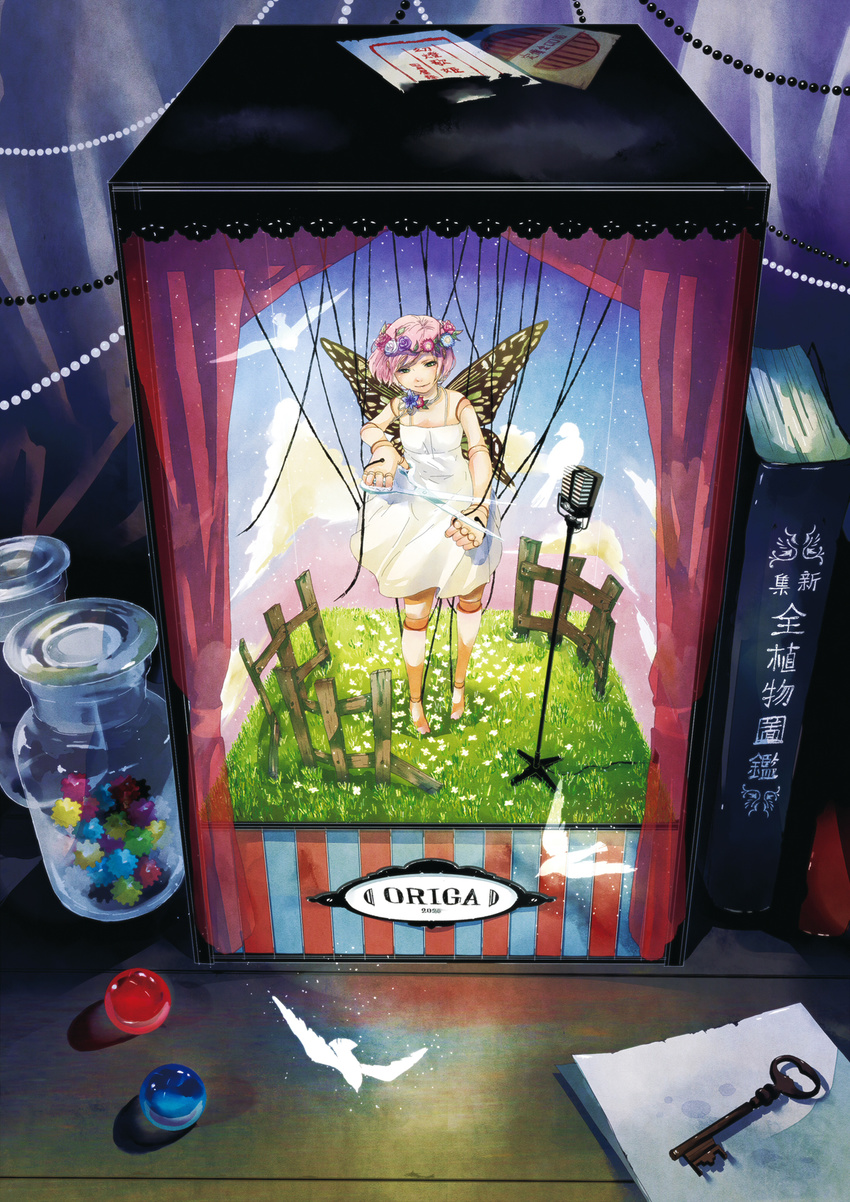 bad_id bad_pixiv_id bird book box butterfly_wings candy doll_joints dress food grass green_eyes head_wreath highres jar key marble microphone microphone_stand minigirl original pink_hair puppet scissors shigatsuya short_hair solo string wings