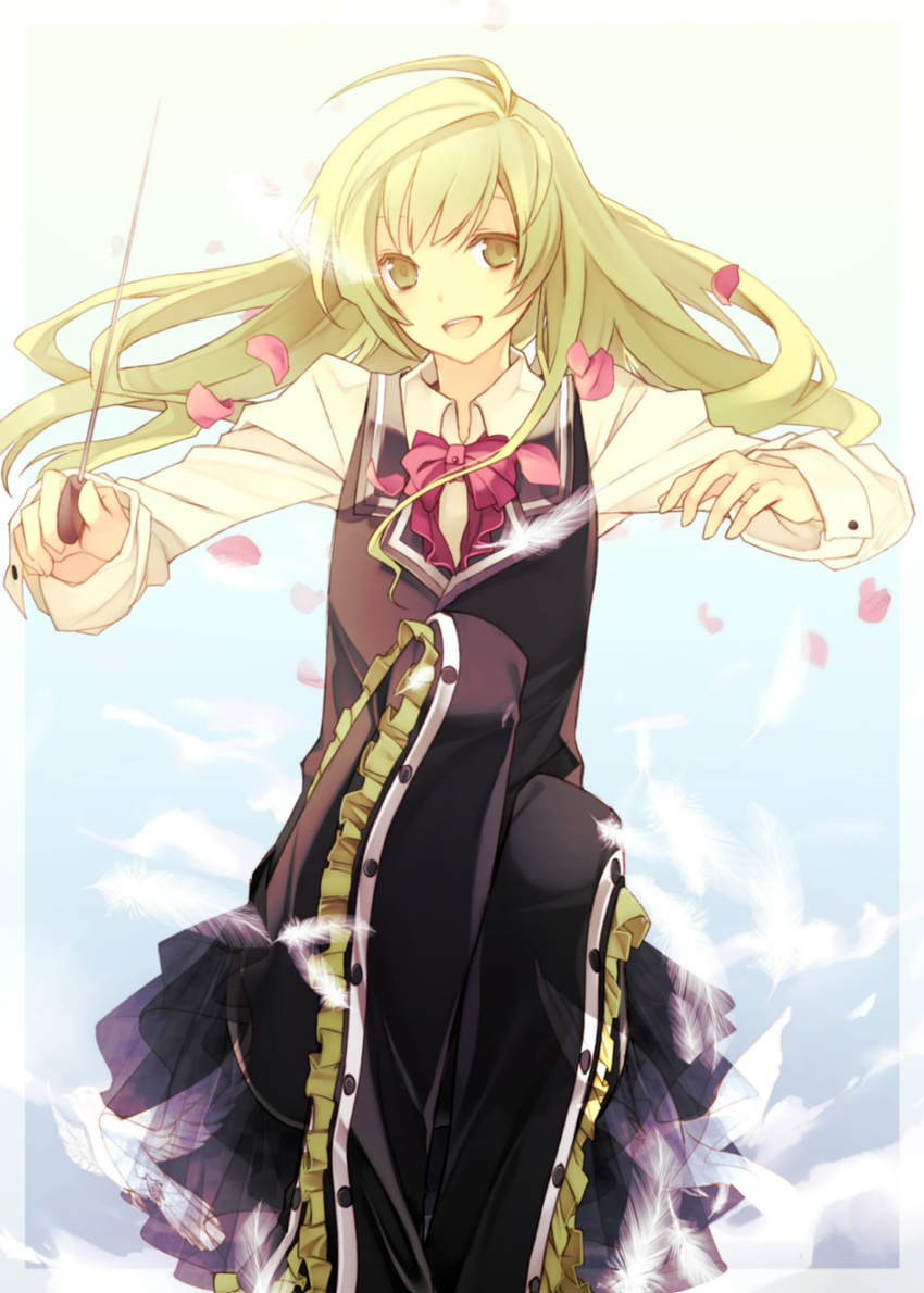 bad_id bad_pixiv_id baton_(instrument) bird blonde_hair feathers highres hijiri_(resetter) long_hair looking_at_viewer open_mouth original petals sitting smile solo transparent yellow_eyes