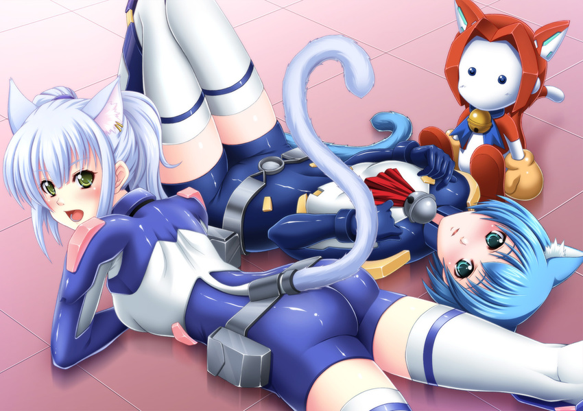 :d akio_(dkakh918) animal_ears aqua_eyes armor ascot asobi_ni_iku_yo! ass assist-a-roid assistaroid bad_id bad_pixiv_id bangs bell bell_collar belt belt_pouch beltskirt blue_hair blush bodysuit bracer breasts cat_ears cat_tail chaika collar dutch_angle earrings gauntlets gloves green_eyes highres indoors jewelry jingle_bell kneepits legs_up looking_at_viewer looking_back lying melwin multiple_girls on_back on_stomach open_mouth parted_lips pauldrons pouch reflection robot scrunchie shiny shiny_clothes short_hair short_twintails sidelocks sitting skin_tight small_breasts smile tail tail_through_clothes thighhighs tile_floor tiles twintails white_hair white_legwear