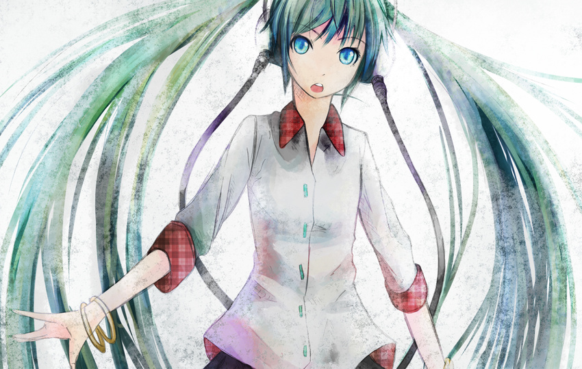 bad_id bad_pixiv_id blue_eyes bracelet green_hair hatsune_miku headphones highres jewelry long_hair nekobaka open_mouth solo twintails very_long_hair vocaloid