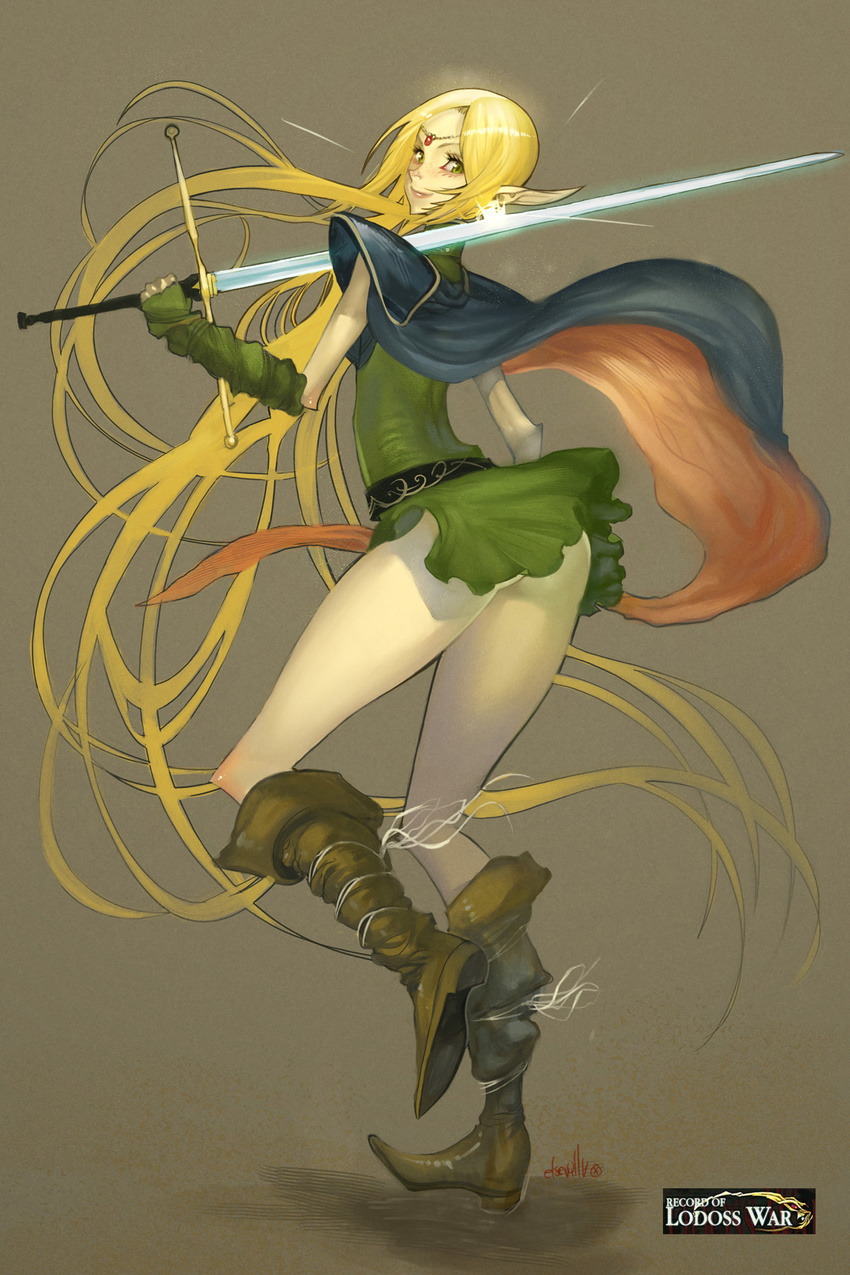 blonde_hair blue_cape boots cape deedlit elf hector_enrique_sevilla_lujan highres long_hair pointy_ears record_of_lodoss_war solo sword very_long_hair weapon