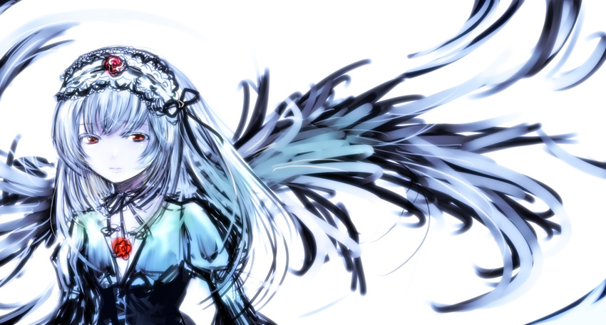 bebemoko bow dress feathers flower hairband long_hair red_eyes ribbon rose rozen_maiden sketch solo suigintou white_hair wings