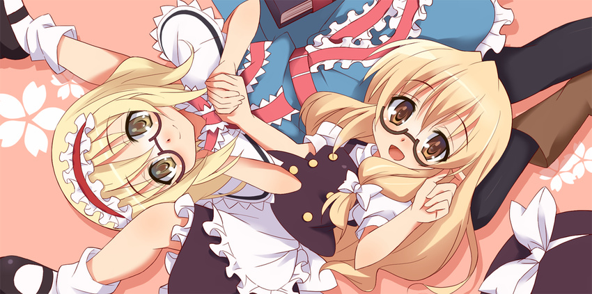 9law alice_margatroid apron bespectacled blonde_hair blush boots brown_eyes glasses headband holding_hands image_sample kirisame_marisa long_hair lying mary_janes md5_mismatch multiple_girls on_back open_mouth pixiv_sample shoes short_hair smile socks touhou waist_apron