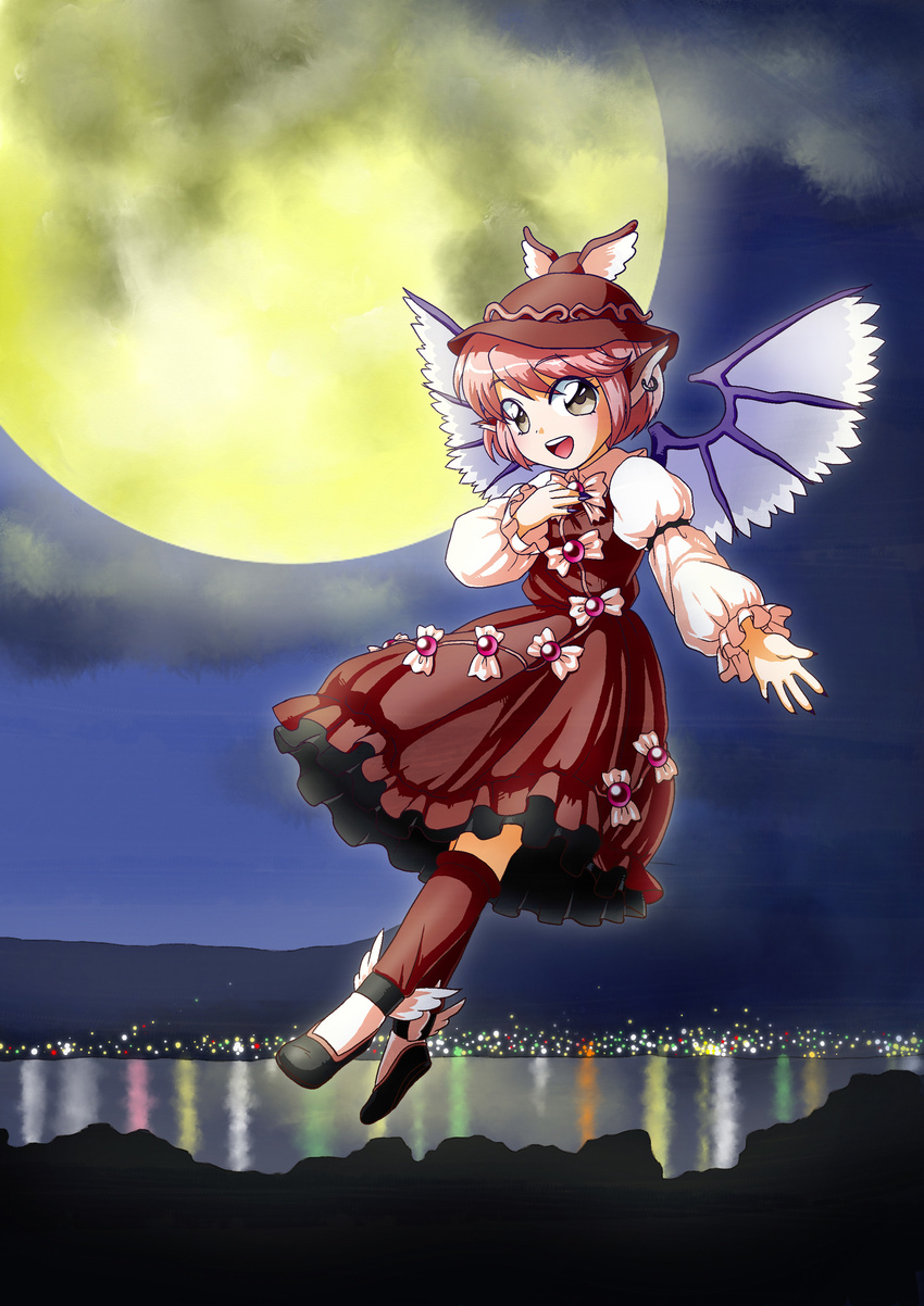 absurdres animal_ears bad_id bad_pixiv_id brown_eyes dress full_moon hat highres moon mountain mystia_lorelei night pink_hair short_hair solo touhou wings yamami-hosyo