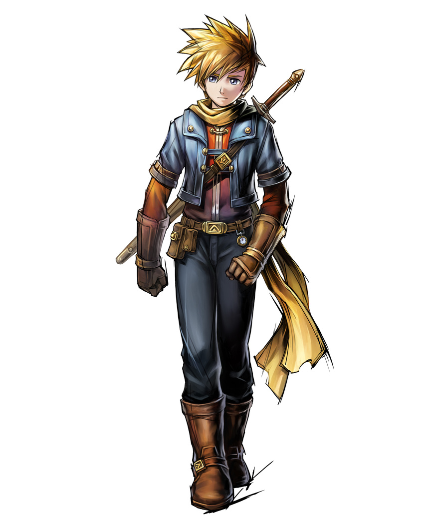 absurdres artist_request blonde_hair blue_eyes gloves golden_sun golden_sun:_dark_dawn golden_sun_ds highres male_focus muuto_(golden_sun) official_art sash solo spiked_hair sword weapon