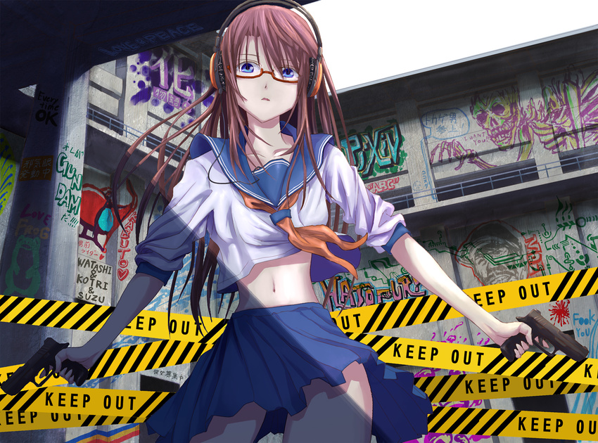 blue_eyes caution_tape dual_wielding ear_protection glasses graffiti gun handgun headphones holding kaeru_(kaerism) keep_out long_hair midriff navel original pink_hair pistol pixiv red-framed_eyewear school_uniform sleeves_pushed_up solo weapon