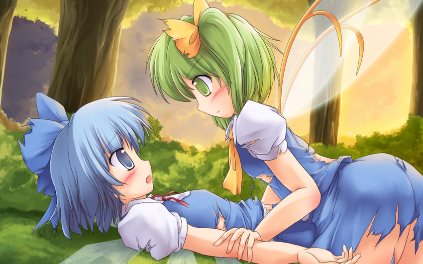 ascot blue_eyes blue_hair bow cirno daiyousei green_eyes green_hair hair_bow highres lzh multiple_girls side_ponytail torn_clothes touhou tree wings yuri