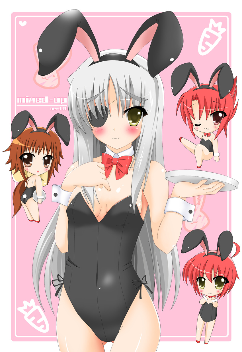 animal_ears bare_legs bunny_ears bunnysuit censored chibi cinque_(nanoha) dieci_(nanoha) eyepatch flat_chest highres kannagi_tsukasa long_hair lyrical_nanoha mahou_shoujo_lyrical_nanoha_strikers multiple_girls nove_(nanoha) numbers_(nanoha) silver_hair wendi_(nanoha) yellow_eyes