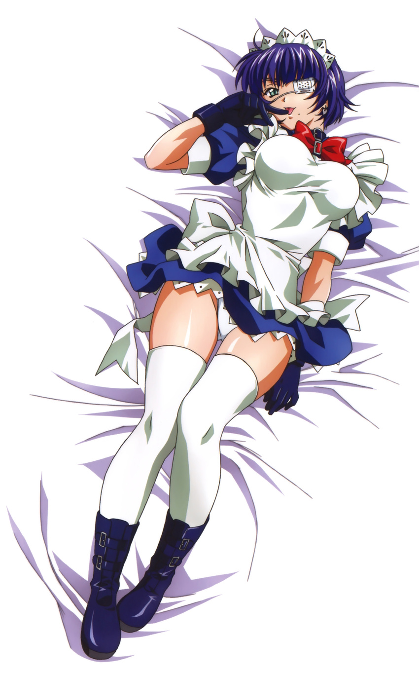 :p absurdres ahoge apron bangs bed_sheet blue_gloves blue_hair boots bow bowtie breasts breasts_apart buckle collar dakimakura dress dutch_angle earrings eyepatch finger_licking frilled_apron frills from_above full_body gloves green_eyes groin headdress highres ikkitousen indoors jewelry lace large_breasts legs licking looking_at_viewer lying magatama maid maid_headdress mole mole_under_mouth naughty_face official_art on_back on_bed panties pantyshot pantyshot_(lying) petticoat puffy_short_sleeves puffy_sleeves red_bow red_neckwear rin-sin ryomou_shimei scan short_dress short_hair short_sleeves sleeve_cuffs solo taut_clothes thighhighs tongue tongue_out underwear white_legwear white_panties