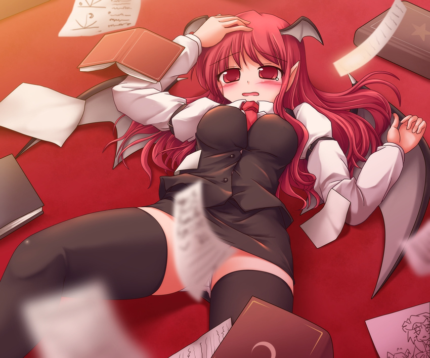 bat_wings black_legwear blurry blush book censored convenient_censoring depth_of_field fallen_down head_wings highres koakuma long_hair lzh panties pointy_ears red_eyes red_hair solo thighhighs touhou underwear upskirt wings