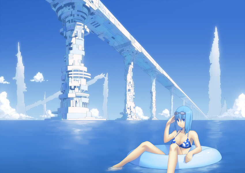 bad_id bad_pixiv_id bare_shoulders barefoot bikini blue blue_eyes blue_hair blue_innertube bridge cloud day goggles goggles_on_head innertube izumi_sai landscape looking_at_viewer ocean original partially_submerged perspective scenery science_fiction short_hair sitting sky solo swimsuit tower water wet wet_hair