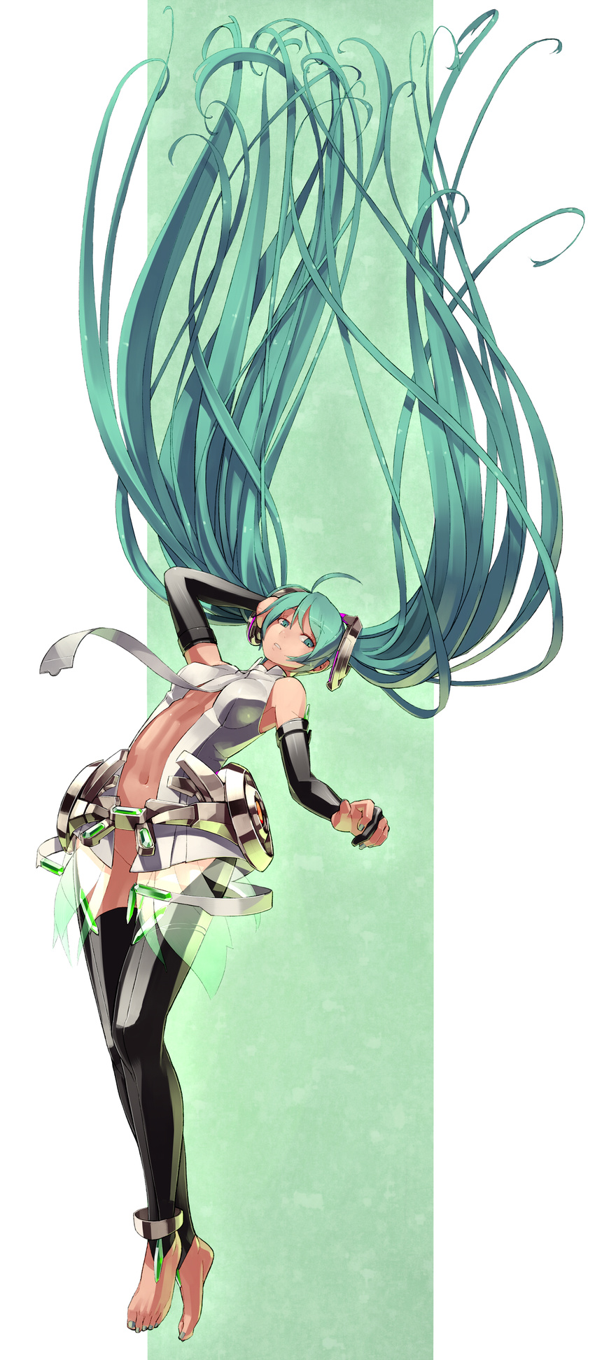 absurdres ahoge anklet aqua_eyes aqua_hair bare_shoulders barefoot belt bridal_gauntlets detached_sleeves elbow_gloves feet fingerless_gloves floating floating_hair gloves green_nails hatsune_miku hatsune_miku_(append) highres jewelry long_hair nail_polish navel necktie shihou_(g-o-s) skirt solo thighhighs toeless_legwear twintails very_long_hair vocaloid vocaloid_append zettai_ryouiki