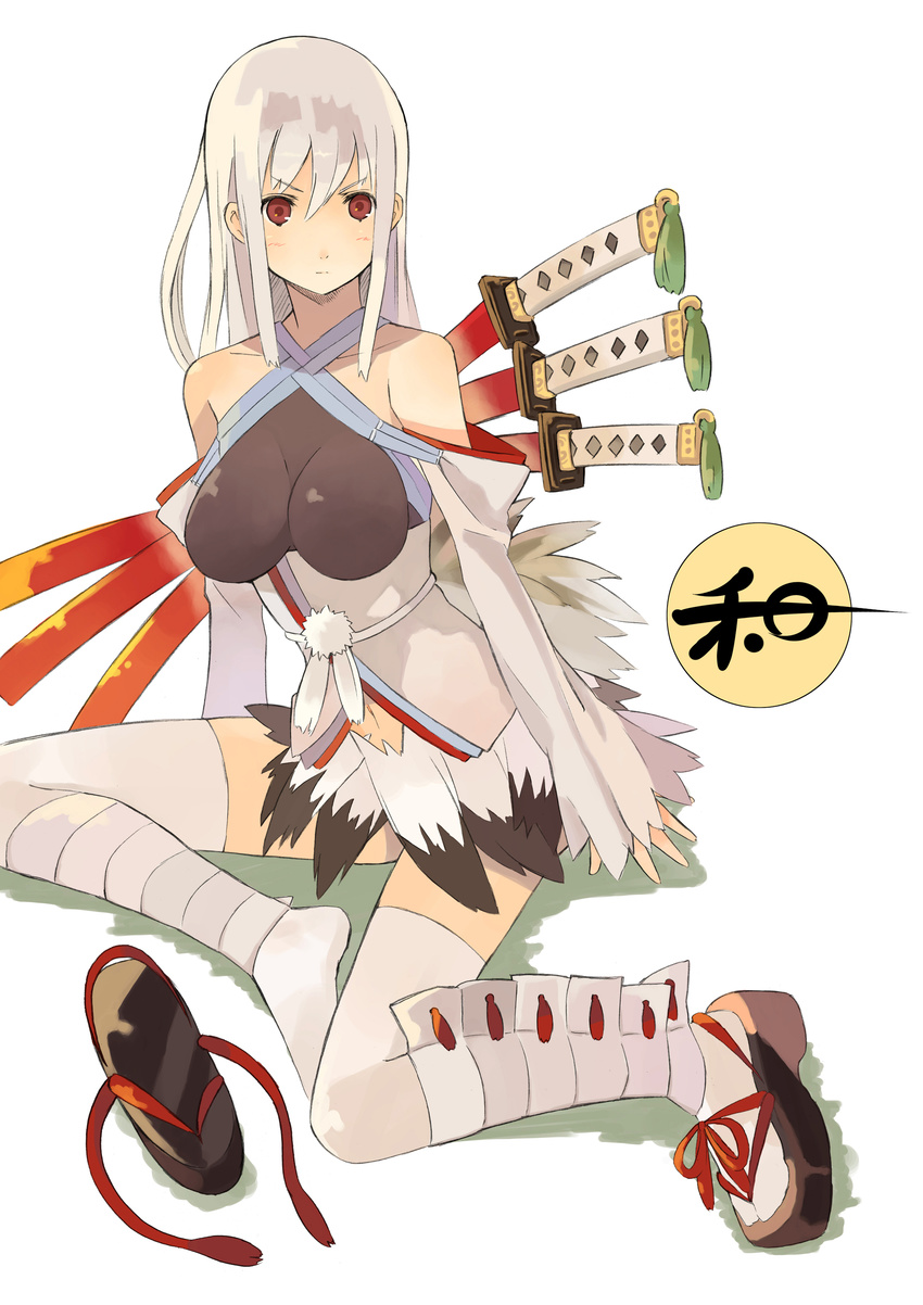 absurdres bad_id bad_pixiv_id bare_shoulders breasts detached_sleeves highres katana large_breasts legs long_hair mk_(masatusaboten) navel original red_eyes sandals shoes silver_hair single_shoe sitting skirt solo sword tabi thighhighs weapon white_legwear yokozuwari