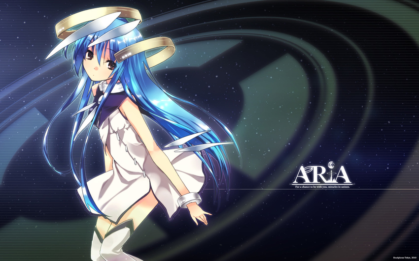 blue_hair brown_eyes dress long_hair original refeia space stars thigh-highs