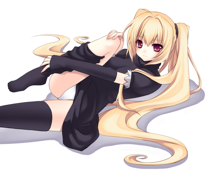 black_cat_(series) black_legwear blonde_hair eve_(black_cat) feet leg_lift long_hair lying nana_mikoto on_back panties pink_eyes red_eyes solo thighhighs twintails underwear very_long_hair white_panties