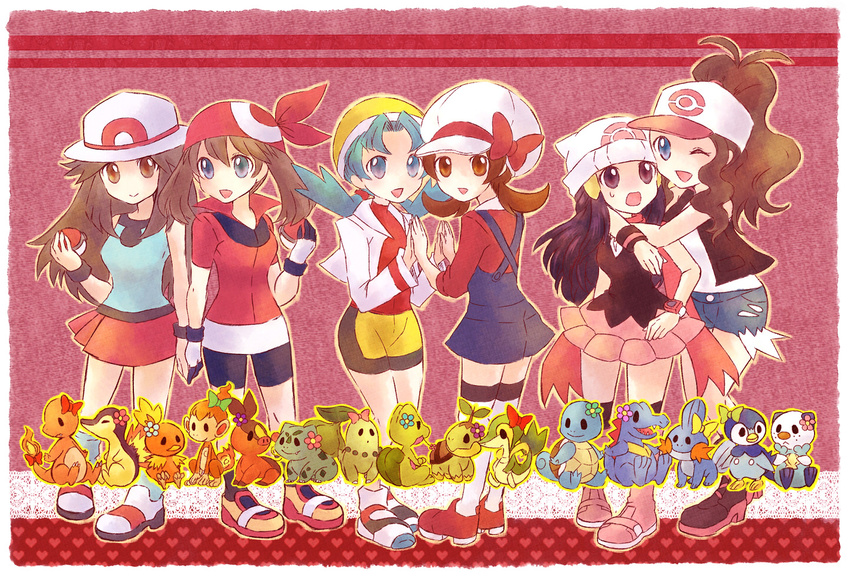 bad_id bad_pixiv_id bandana bare_shoulders baseball_cap beanie bike_shorts black_legwear blue_(pokemon) blue_eyes blue_hair blue_legwear boots bow brown_eyes brown_hair bulbasaur cabbie_hat charmander chikorita chimchar clothed_pokemon crystal_(pokemon) cyndaquil flower gen_1_pokemon gen_2_pokemon gen_3_pokemon gen_4_pokemon gen_5_pokemon gloves hair_flower hair_ornament hair_ribbon happy haruka_(pokemon) hat hat_ribbon hikari_(pokemon) holding holding_hands holding_poke_ball hug jacket kabocha_torute kneehighs kotone_(pokemon) long_hair mudkip multiple_girls one_eye_closed open_mouth oshawott overalls pink_footwear piplup poke_ball pokemon pokemon_(creature) pokemon_(game) pokemon_bw pokemon_dppt pokemon_frlg pokemon_gsc pokemon_hgss pokemon_rse ponytail popped_collar porkpie_hat purple_eyes red_ribbon ribbon scarf shoes short_hair shorts skirt smile sneakers snivy socks squirtle tepig thighhighs torchic totodile touko_(pokemon) treecko turtleneck turtwig twintails watch white_legwear wristband wristwatch