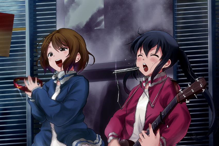 black_hair blush brown_eyes brown_hair busking closed_eyes guitar hair_ornament hairclip harmonica hirasawa_yui instrument jacket k-on! long_hair multiple_girls music nakano_azusa open_mouth parody sakayama_shinta short_hair singing sweat tambourine tetsu_and_tomo track_jacket twintails un_tan