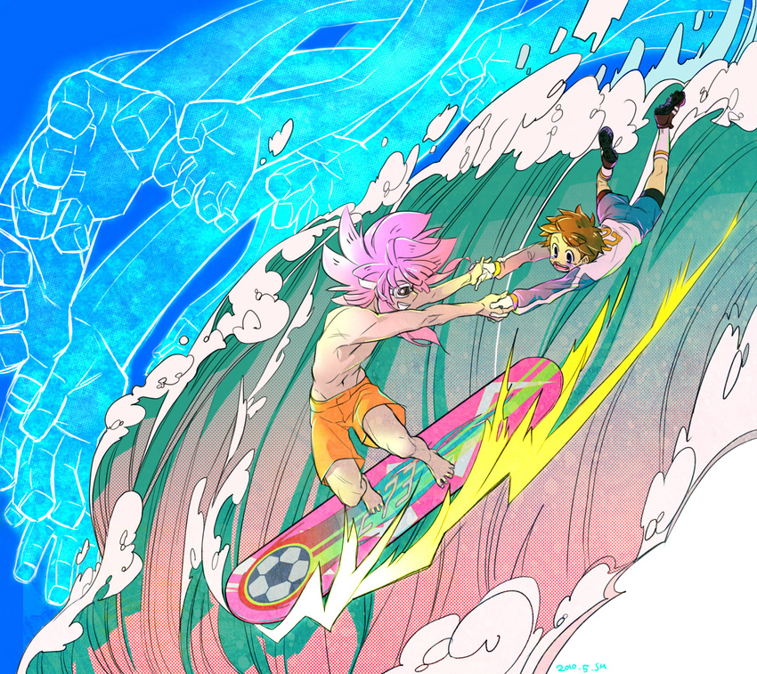 bad_id bad_pixiv_id brown_hair highres inazuma_eleven inazuma_eleven_(series) mansu multiple_boys ocean pink_hair surfboard surfing tachimukai_yuuki tsunami_jousuke waves