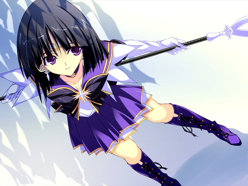 bishoujo_senshi_sailor_moon black_hair boots bow brooch choker cross-laced_footwear earrings gloves highres holding holding_spear holding_weapon jewelry kobayashi_chisato lace-up_boots magical_girl pleated_skirt polearm purple_eyes purple_sailor_collar ribbon sailor_collar sailor_moon_musical sailor_saturn sailor_senshi_uniform short_hair silence_glaive skirt smile solo spear star star_choker tiara tomoe_hotaru weapon white_gloves