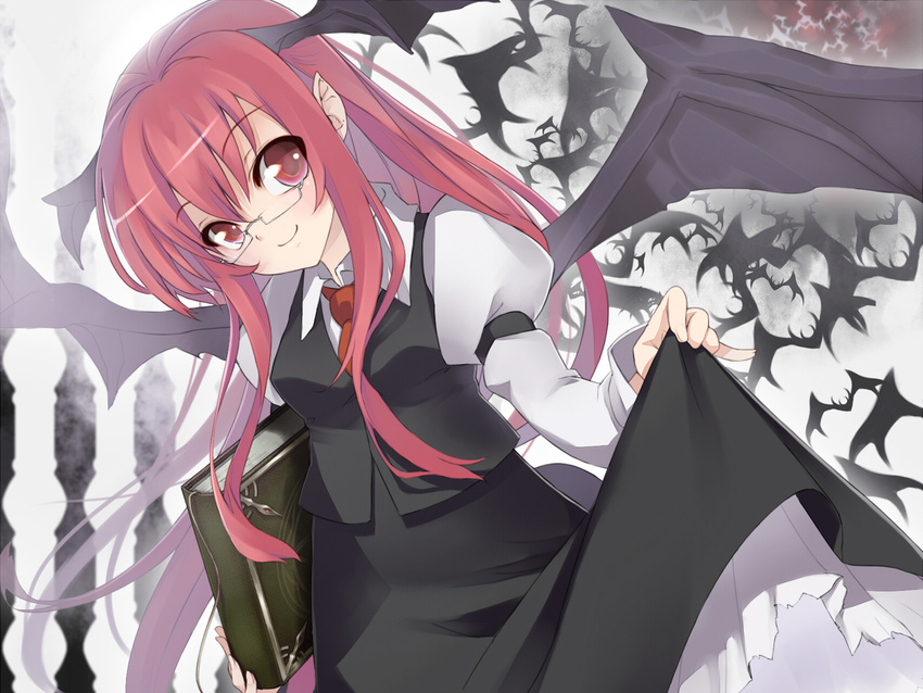 bat bat_wings bespectacled book dress dress_lift dutch_angle glasses head_wings highres koakuma kousou long_hair pinky_out red_eyes red_hair smile solo touhou wallpaper wings