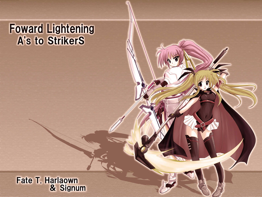 arm_guards arrow bardiche belt blonde_hair blue_eyes bow_(weapon) breasts cape character_name cropped_jacket fate_testarossa fingerless_gloves gloves hair_ribbon highres jacket levantine long_hair lyrical_nanoha magical_girl mahou_shoujo_lyrical_nanoha mahou_shoujo_lyrical_nanoha_a's medium_breasts miniskirt multiple_girls open_clothes open_jacket pink_hair ponytail red_eyes ribbon scythe signum skirt thighhighs twintails typo waist_cape weapon