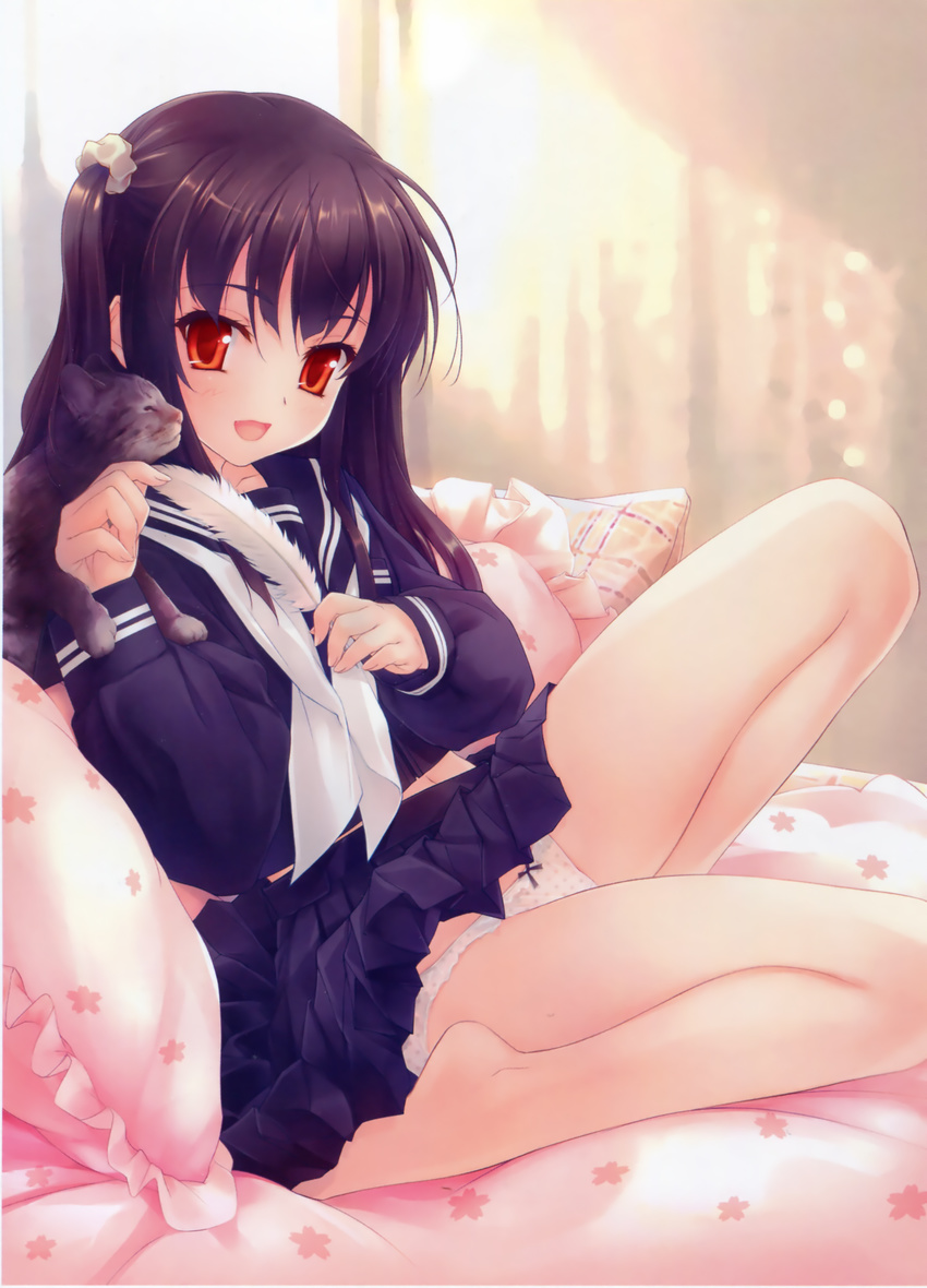 absurdres artist_request barefoot bed black_hair blush cat feathers highres leg_lift legs long_hair open_mouth original panties pantyshot pantyshot_(sitting) pillow red_eyes school_uniform serafuku sitting skirt smile solo twintails underwear upskirt white_panties